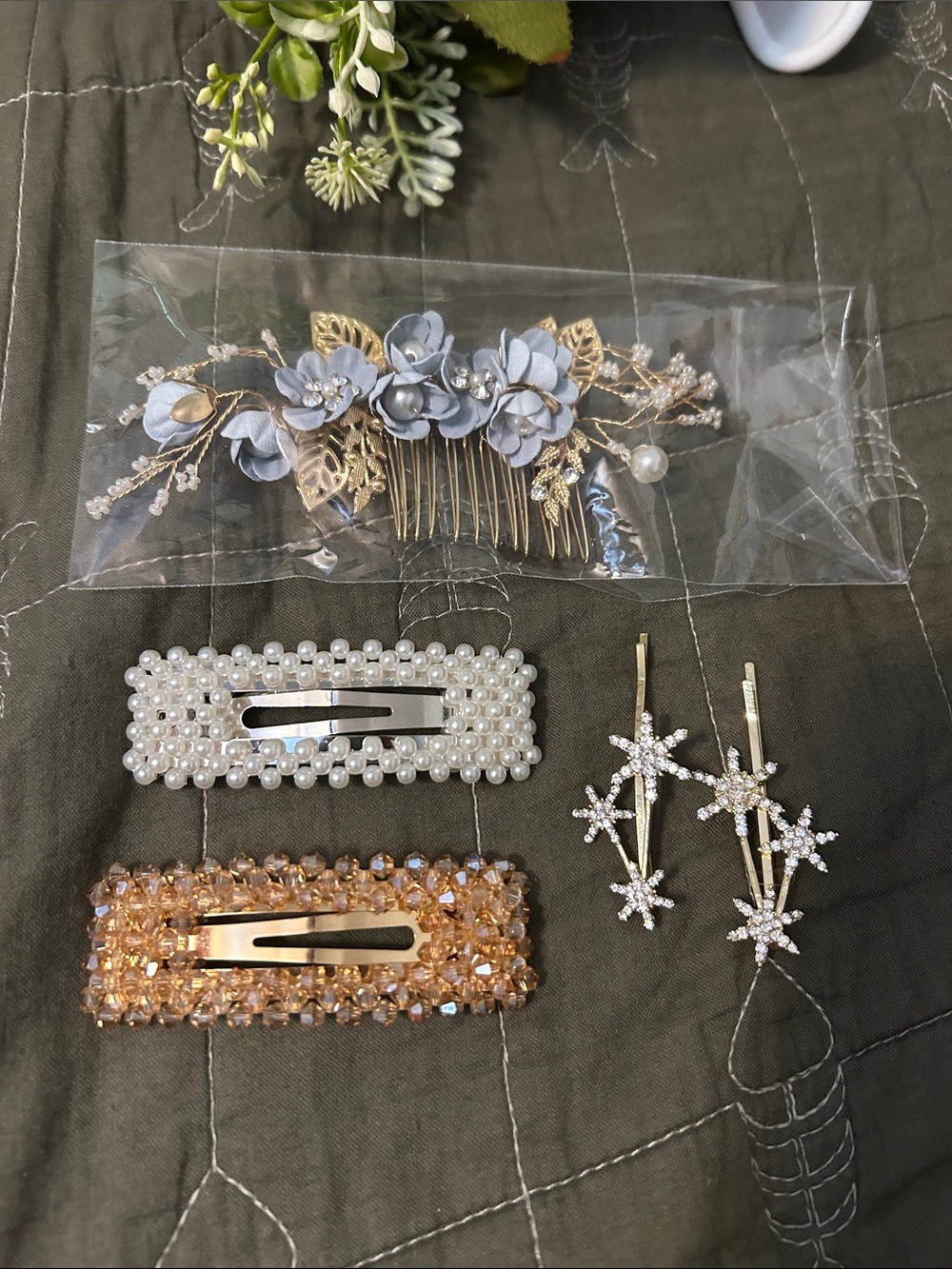 Floral Gold Hair Comb + Pearl & Crystal Barrette Set
